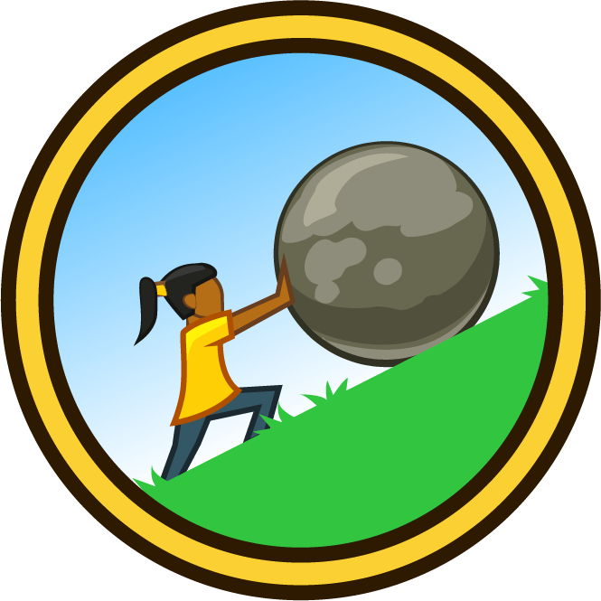 Cartoon girl rolling huge stone up a mountain